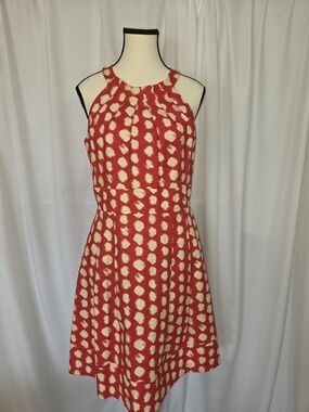 Eliza J Coral Paint Brush Dots Print Halter Neckline Lined  Midi Dress Size 6